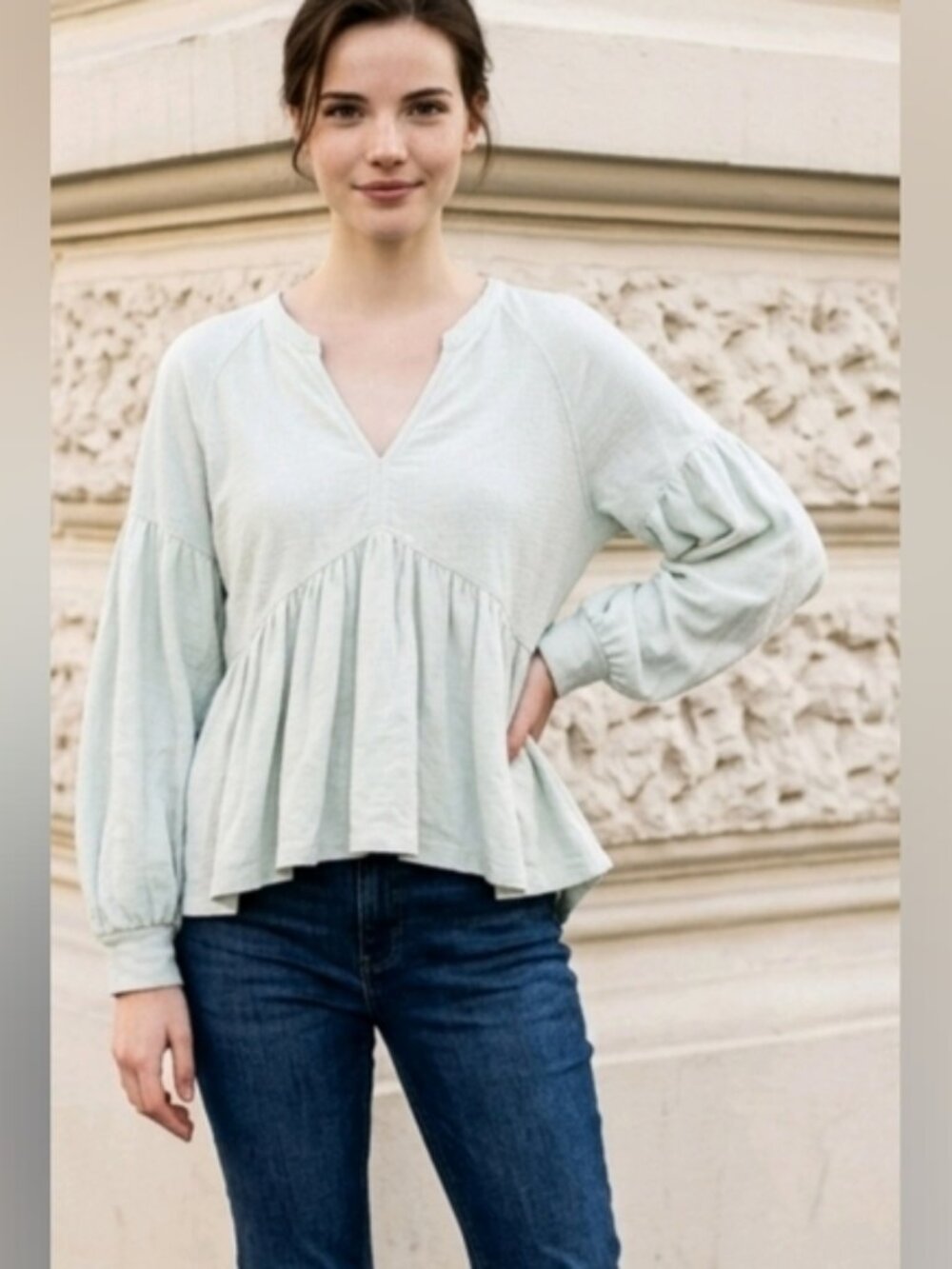Pilcro SZ XS V-Neck Drop Shoulder Long Sleeve Babydoll Hi-Lo Hem  Mint Green Top